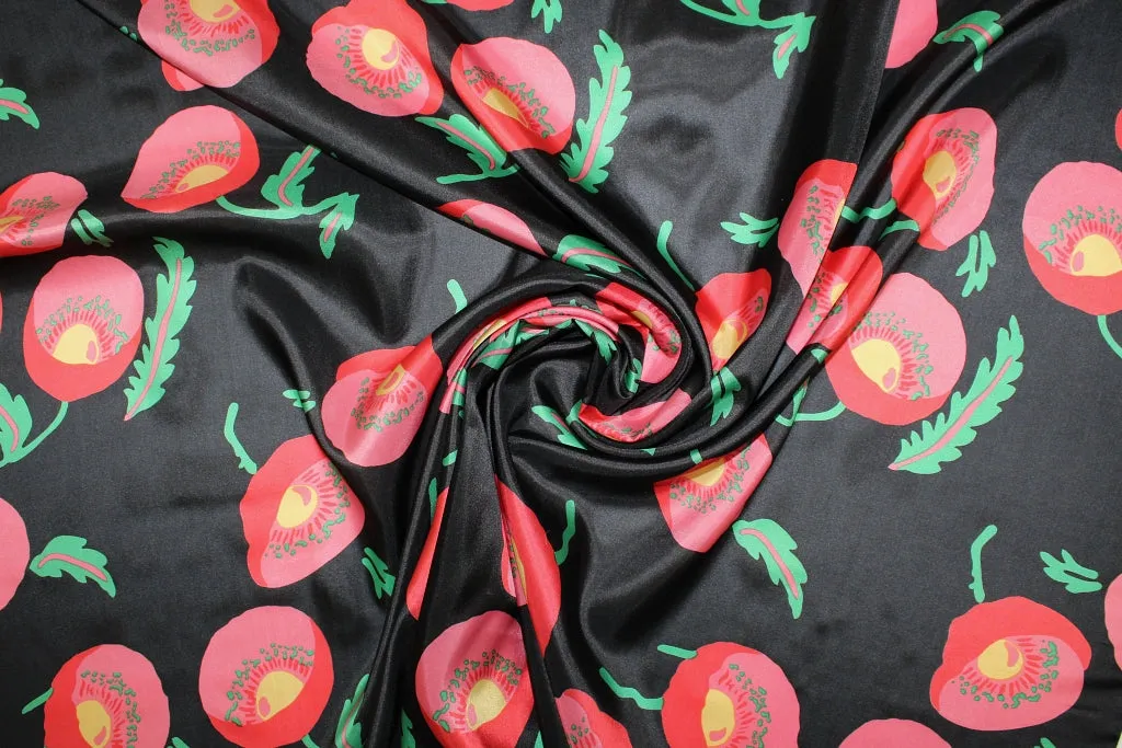 Poppy Profusion Silk Charmeuse - Res/Green/Yellow on Black