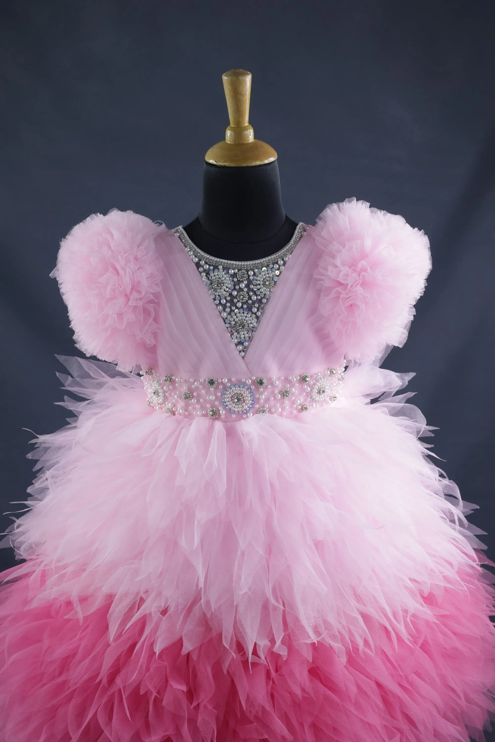 Pre-Order:  Cherry Blossom And Rose Pink Feather Frilled Gown With Rich White Bead Work Gown