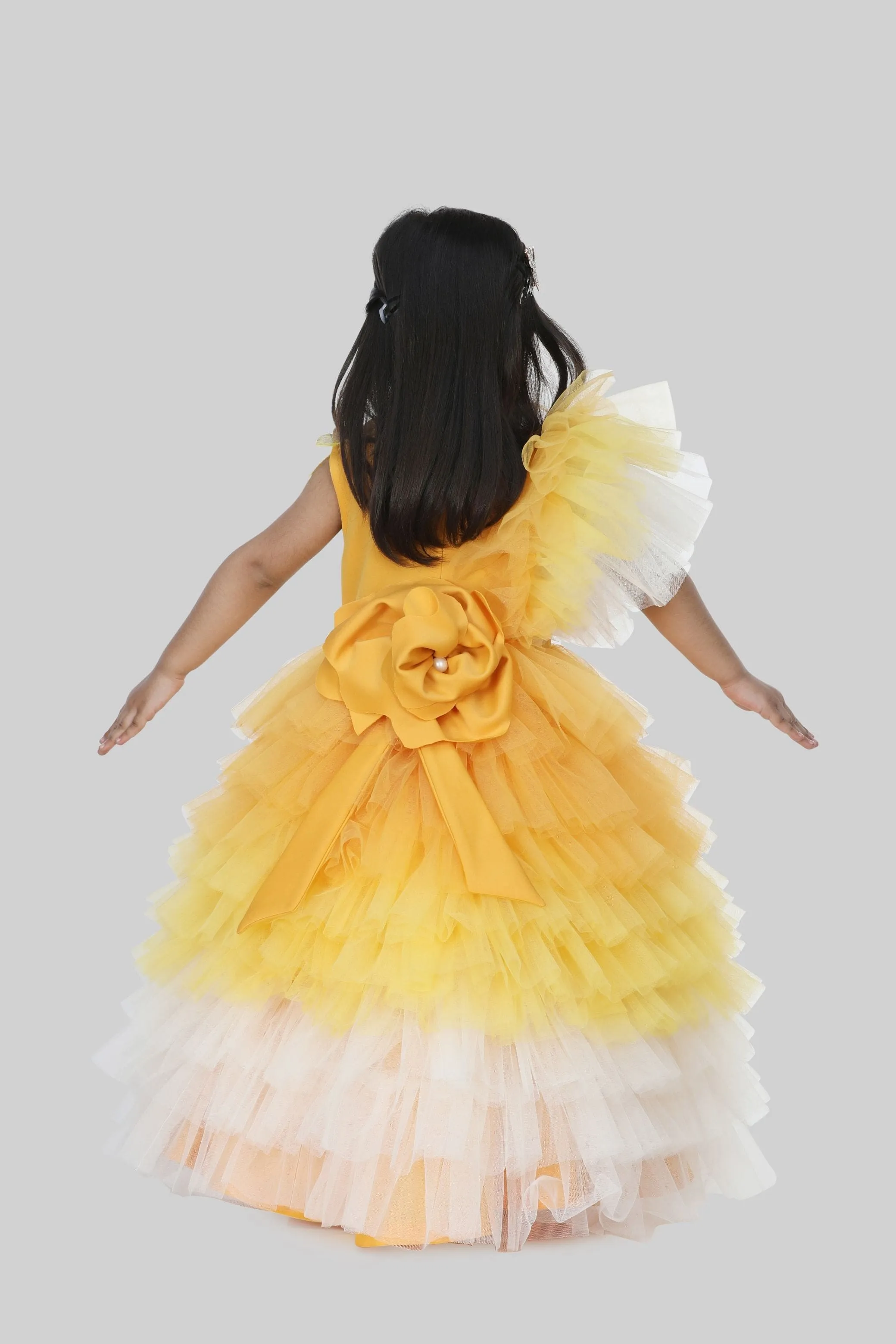 Pre-Order:  Exquisite Mustard Yellow Floral And Pearl Embellished Ruffled Gown