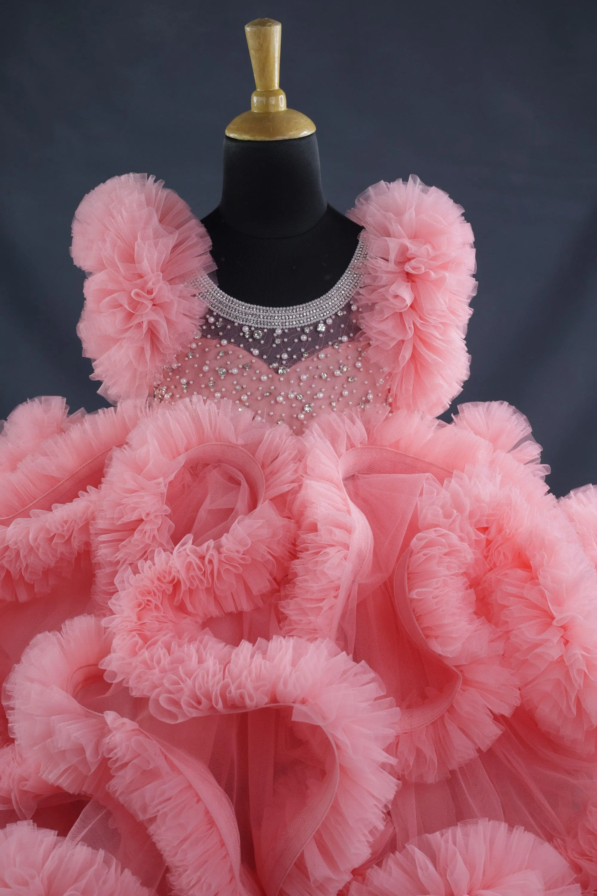 Pre-Order:  Peach Netted Frilled Fluffy Gown With White Crystal and Beads Work