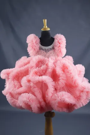 Pre-Order:  Peach Netted Frilled Fluffy Gown With White Crystal and Beads Work