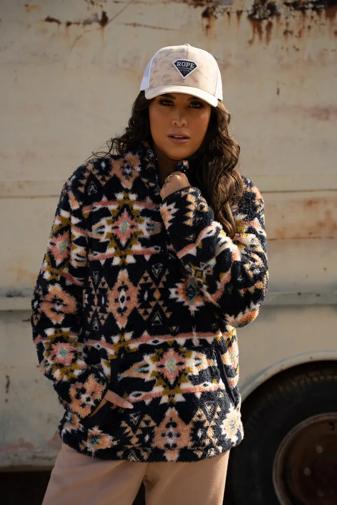 "Ladies Fleece Pullover" Navy/Aztec