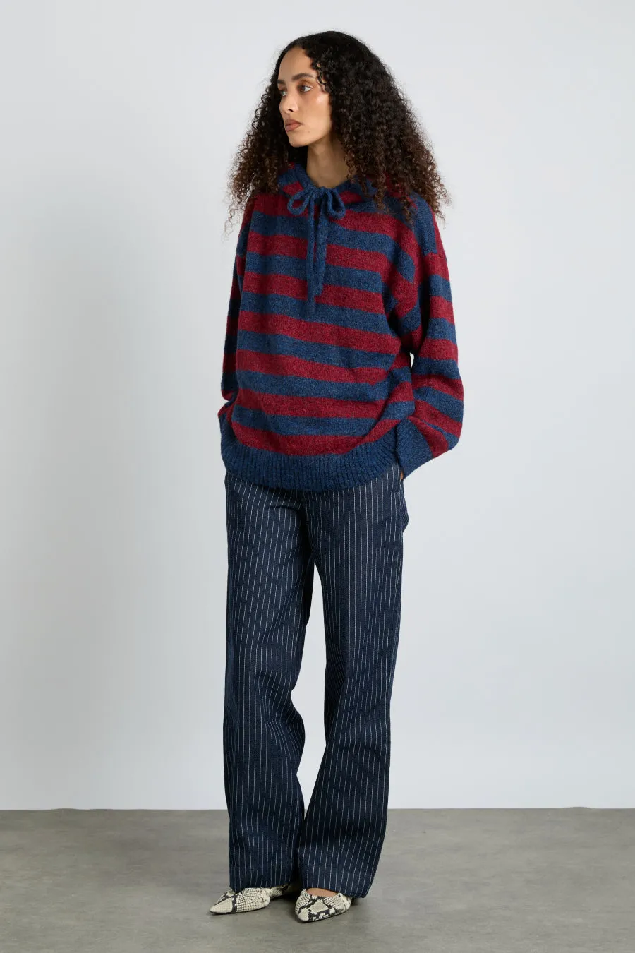 riley knit hoodie - red navy stripe