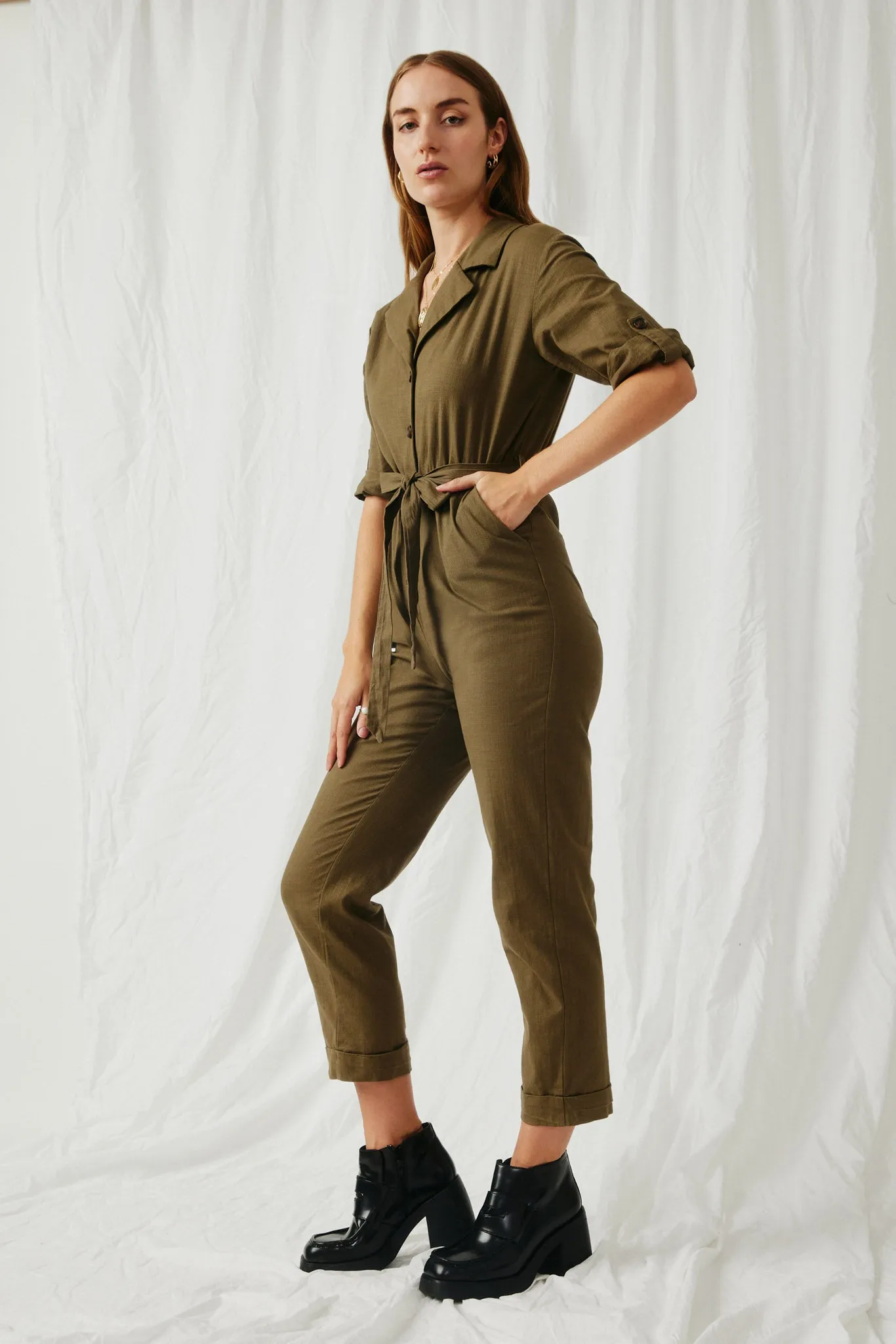 Rolled Sleeve Collared Jumpsuit with Belt