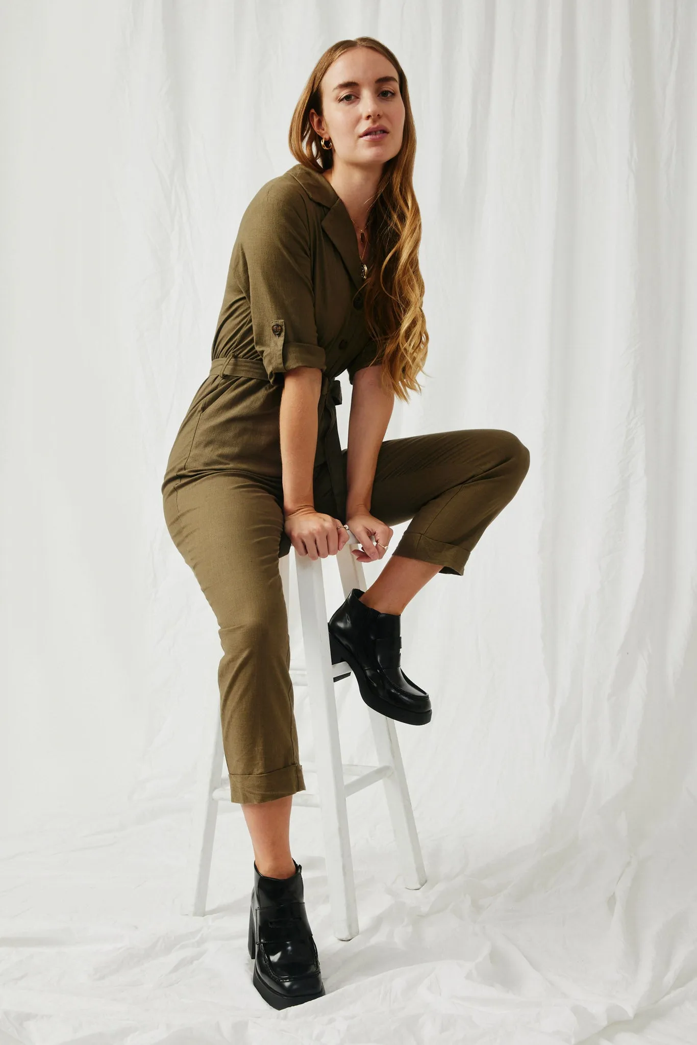 Rolled Sleeve Collared Jumpsuit with Belt