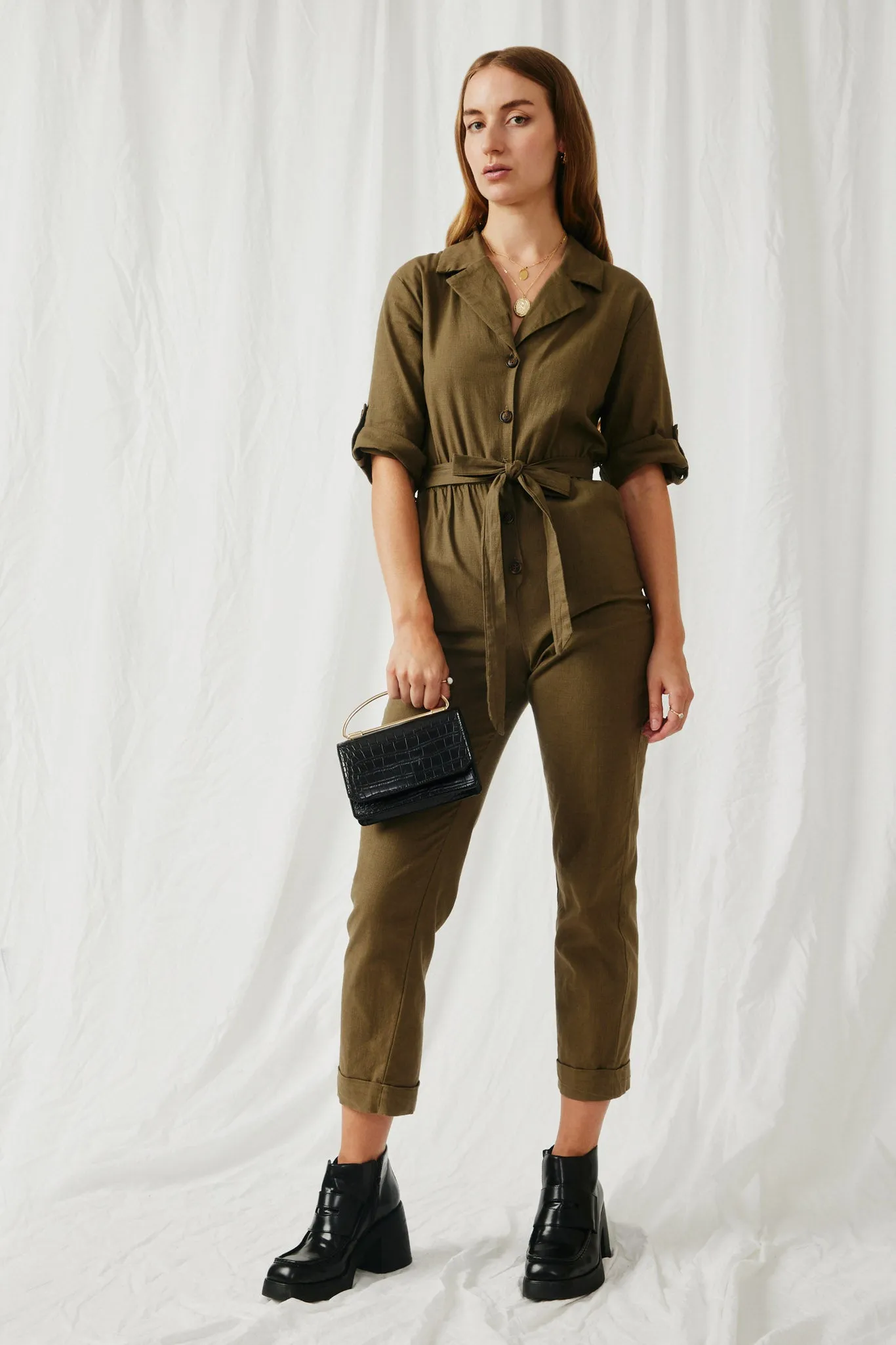 Rolled Sleeve Collared Jumpsuit with Belt