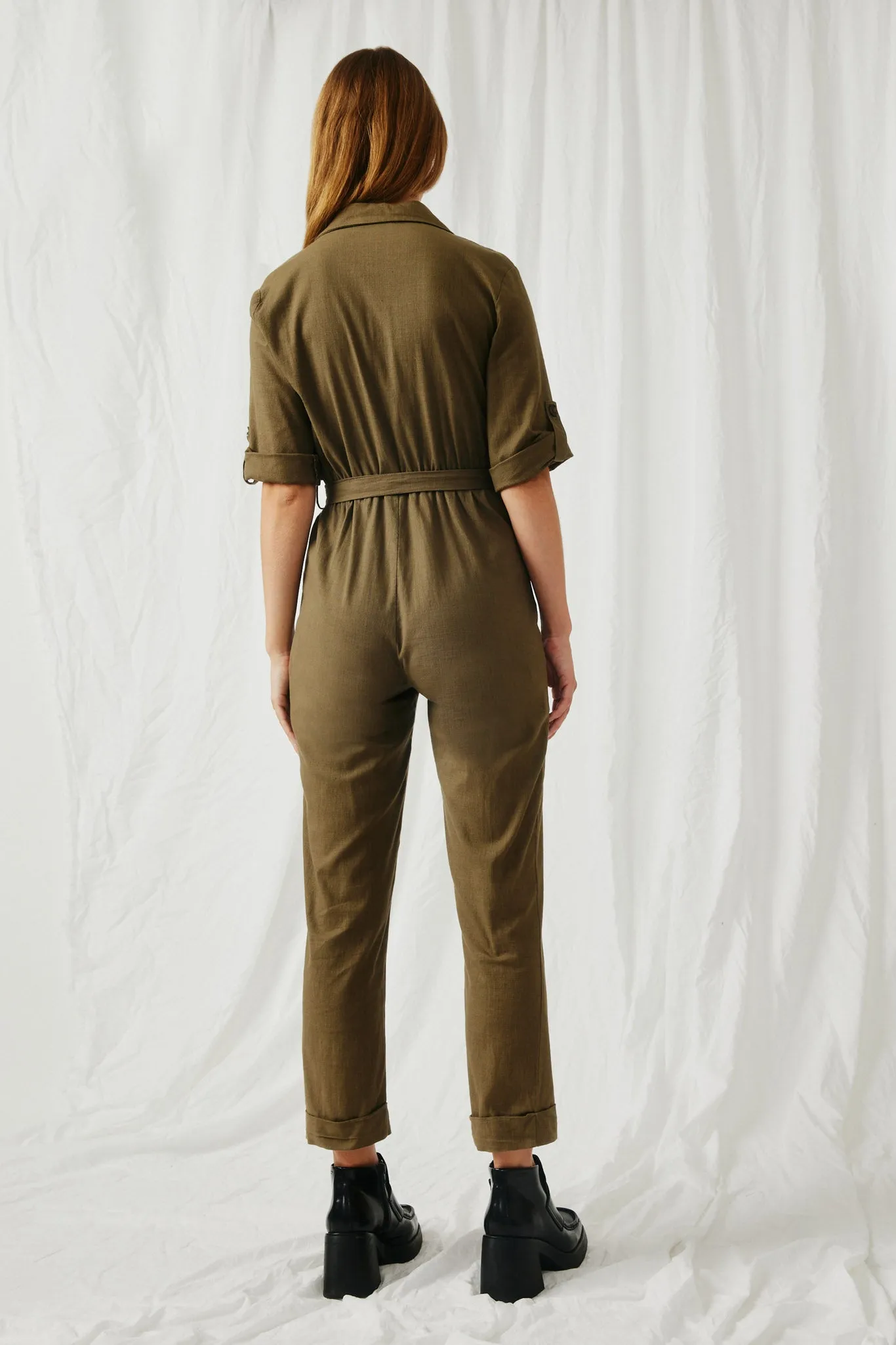 Rolled Sleeve Collared Jumpsuit with Belt