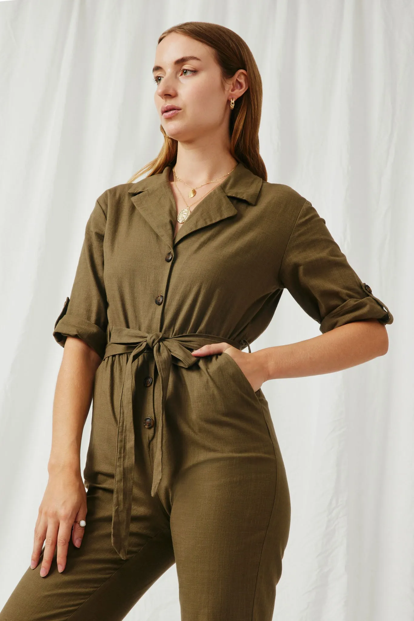 Rolled Sleeve Collared Jumpsuit with Belt