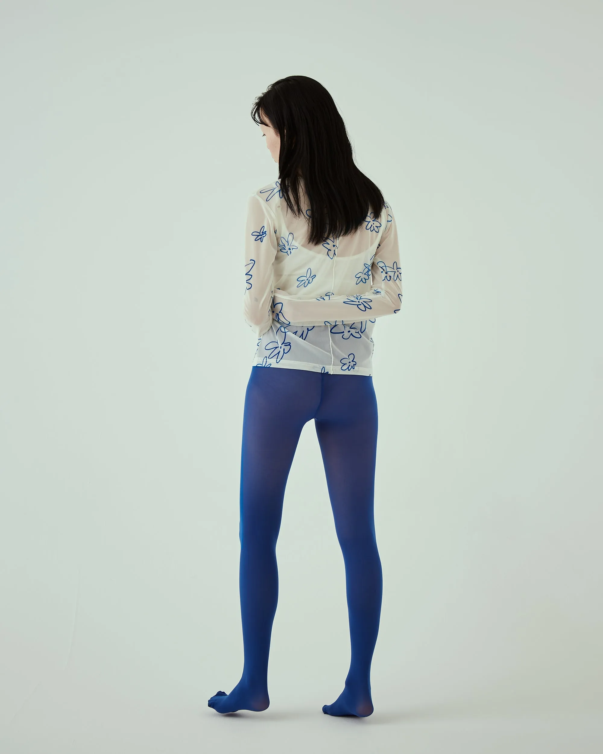 Rough paint blue flower see-through tops (Round neck)