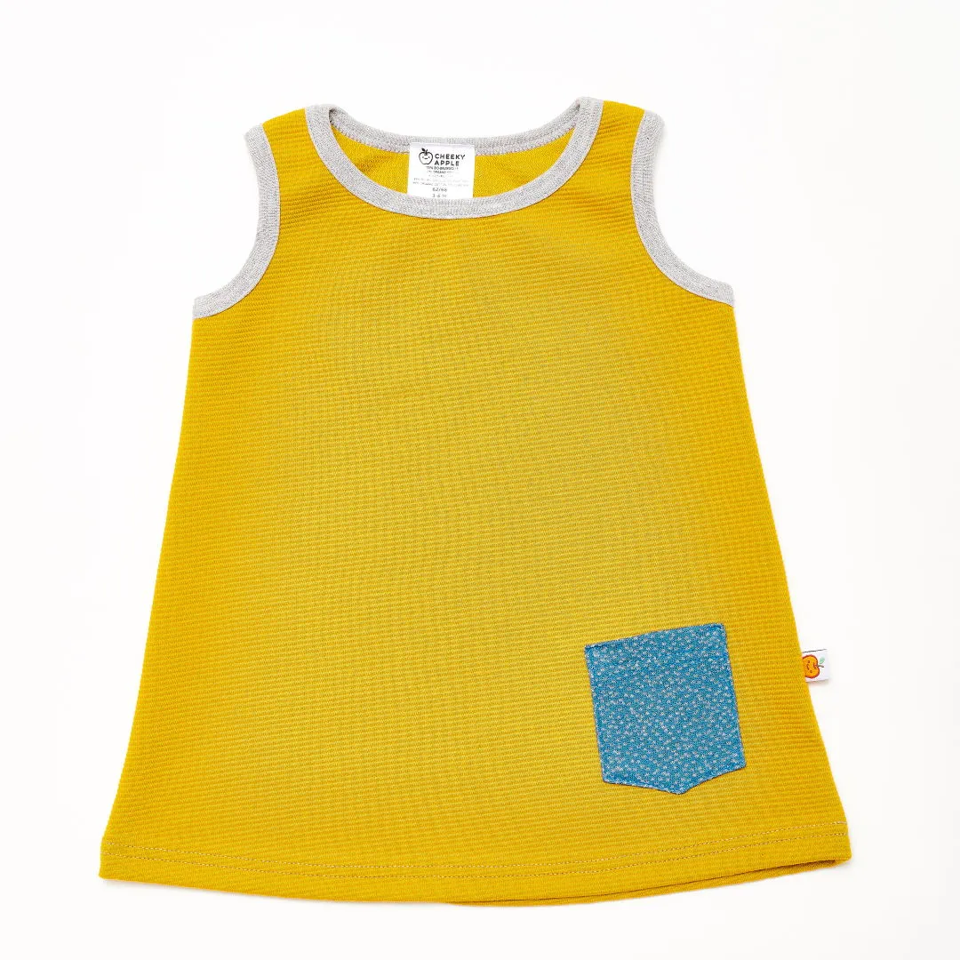 Sleeveless dress "Rib Mustard/Dotties Blue"