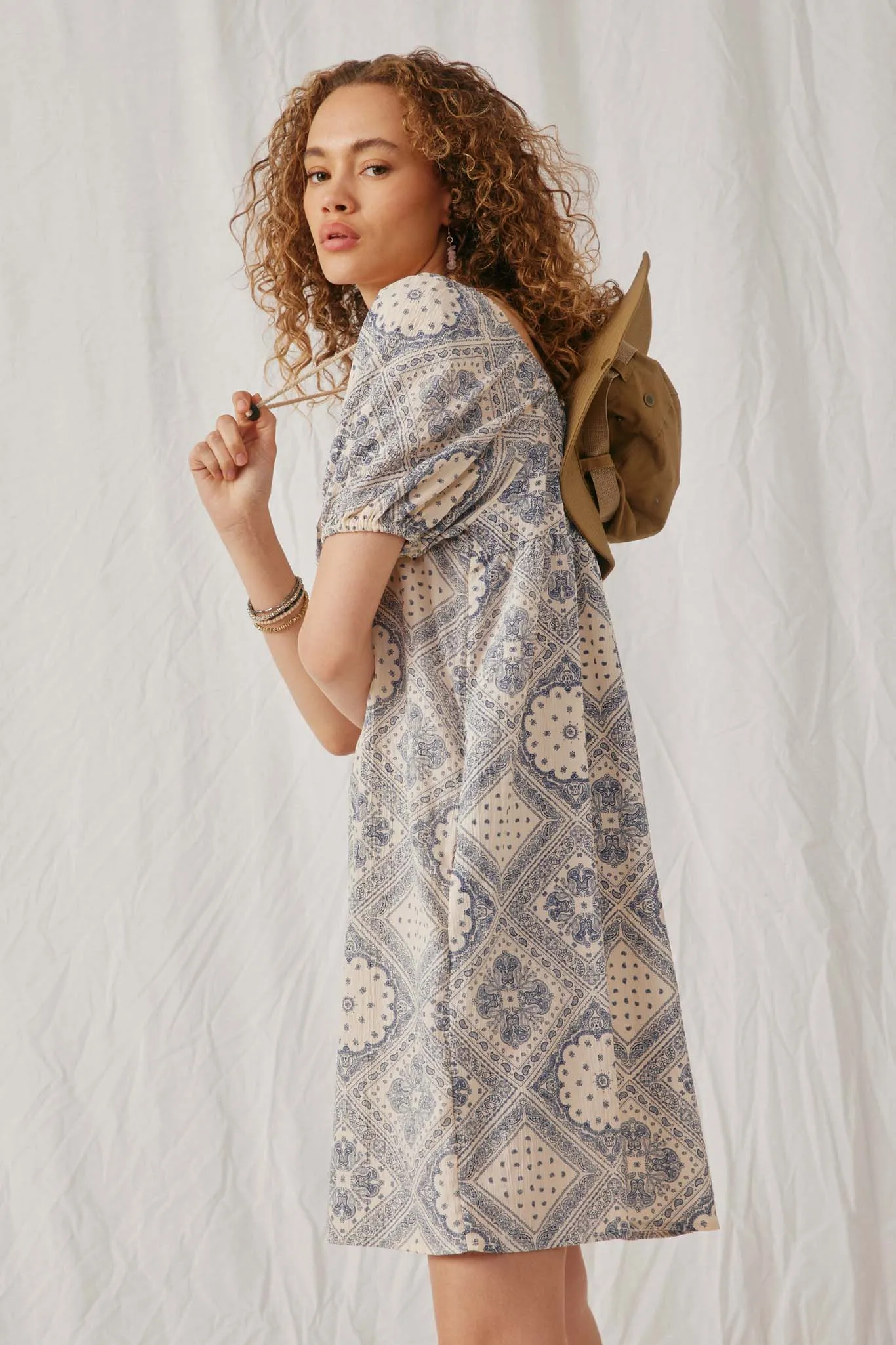 Textured Antique Quilt Print Puff Sleeve Dress