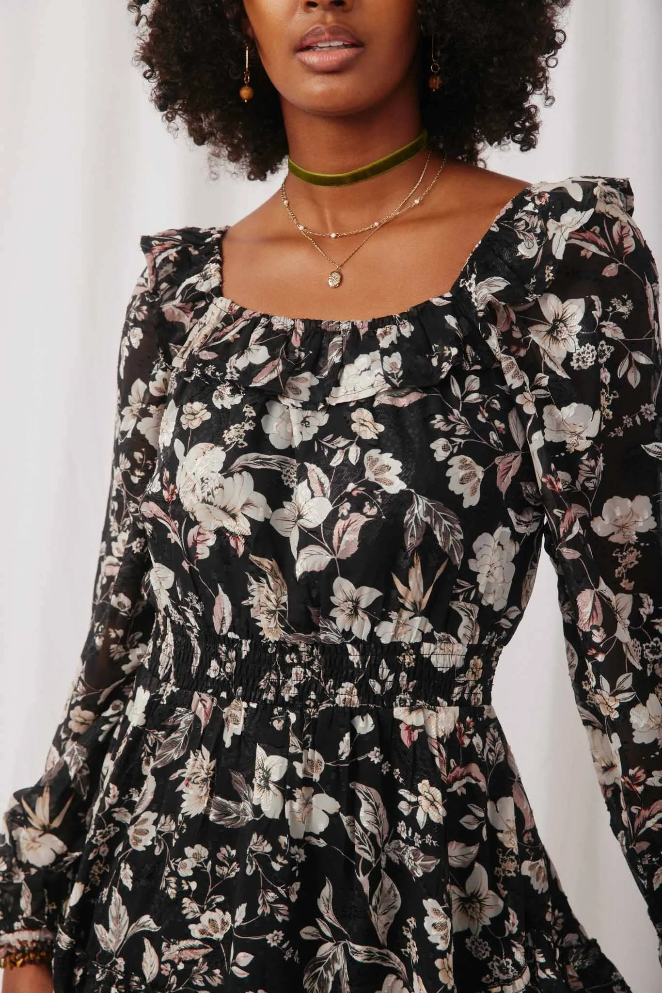 Textured Floral Chiffon Print Off Shoulder Tiered Dress