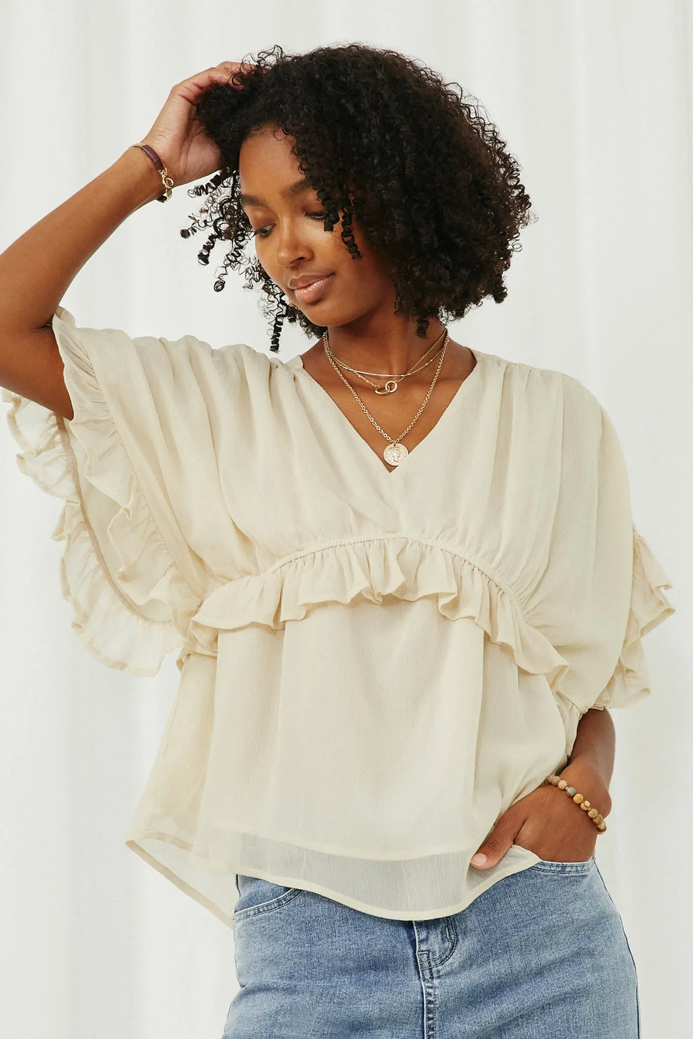 V Neck Wide Sleeve Ruffled Chiffon Top