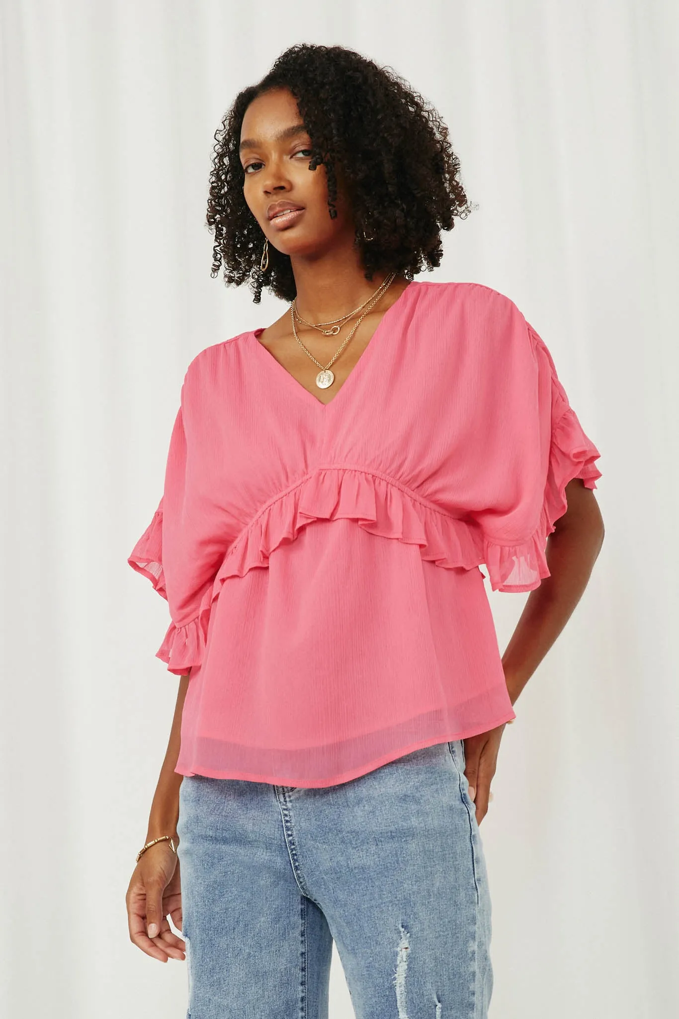 V Neck Wide Sleeve Ruffled Chiffon Top