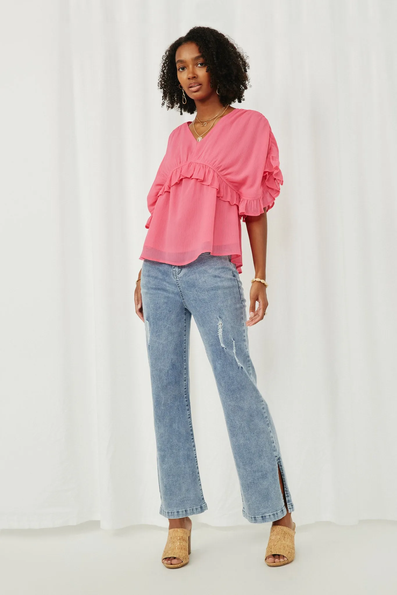 V Neck Wide Sleeve Ruffled Chiffon Top