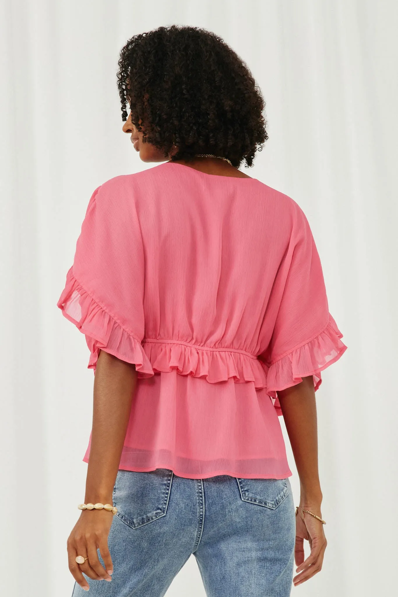 V Neck Wide Sleeve Ruffled Chiffon Top