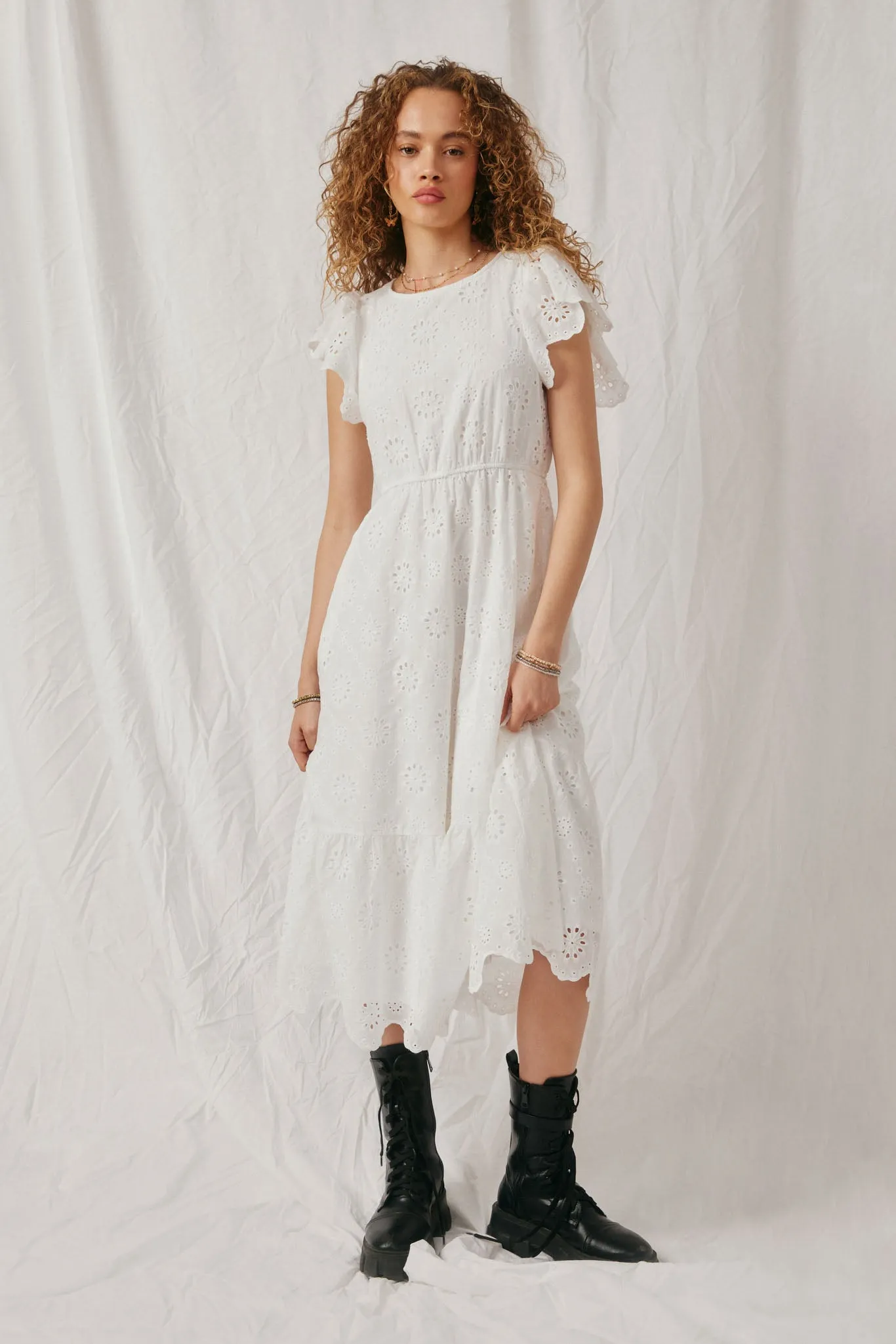 Women Scallop Hem Floral Crochet Eyelet Dress