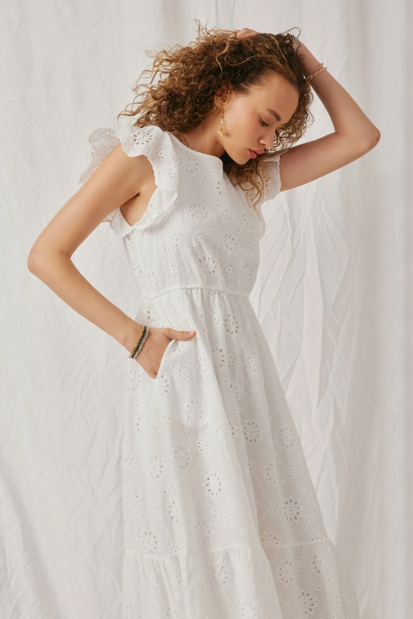 Women Scallop Hem Floral Crochet Eyelet Dress