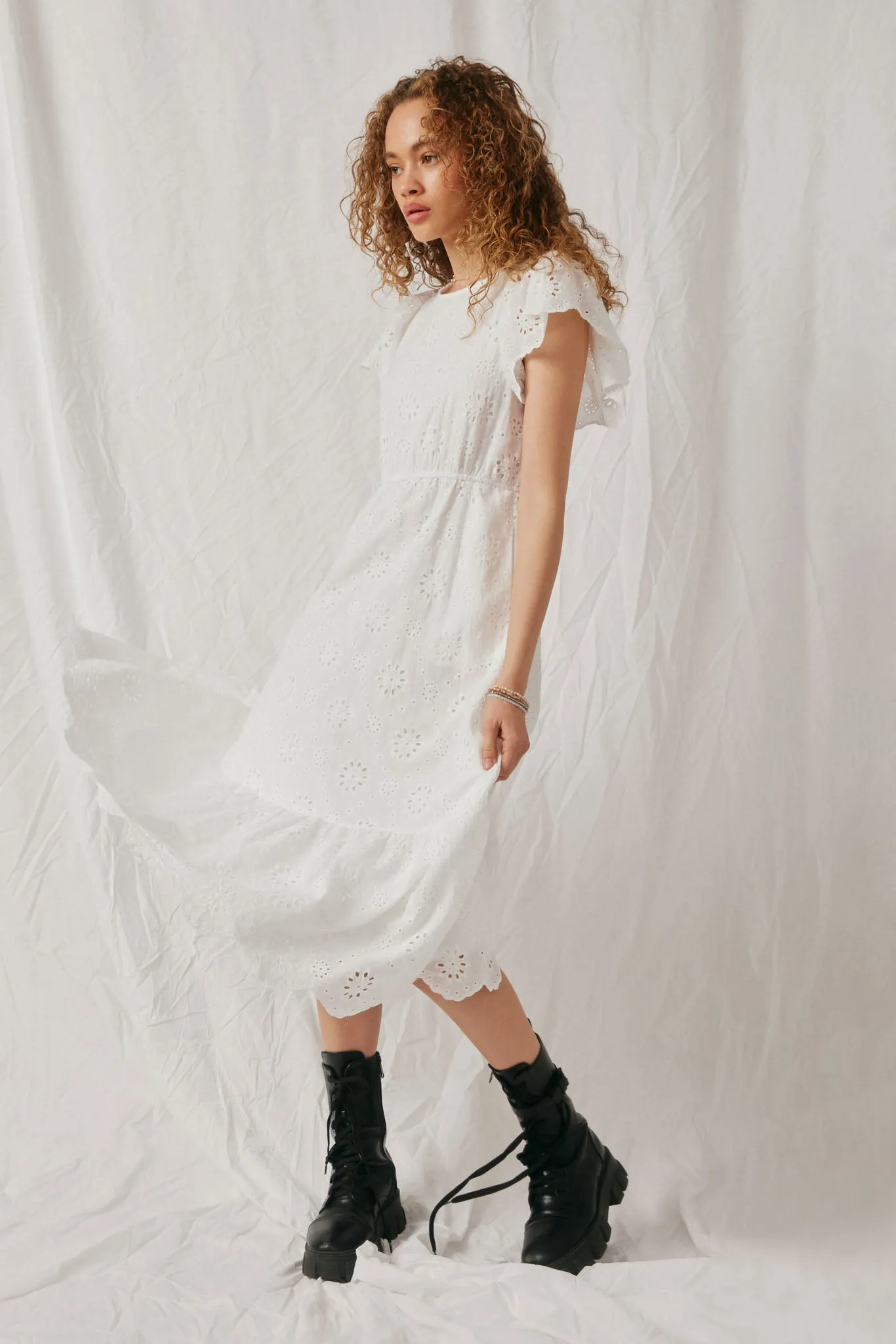 Women Scallop Hem Floral Crochet Eyelet Dress