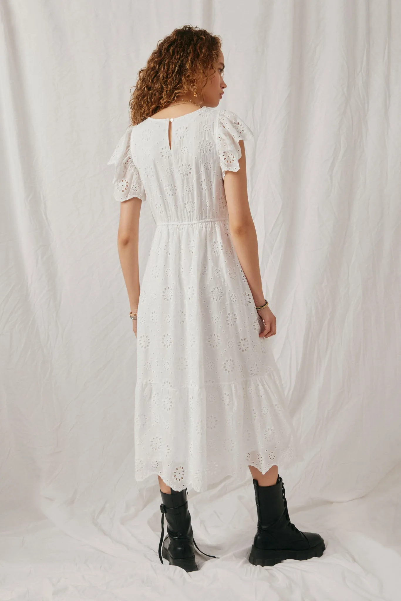 Women Scallop Hem Floral Crochet Eyelet Dress