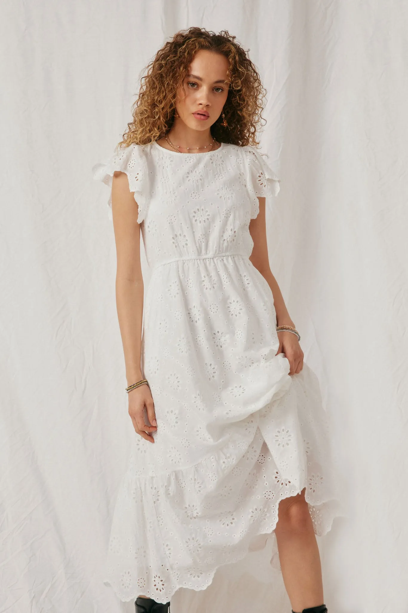 Women Scallop Hem Floral Crochet Eyelet Dress