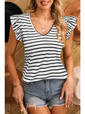 Women Stripe V Neck Knot Hollowed Back Top