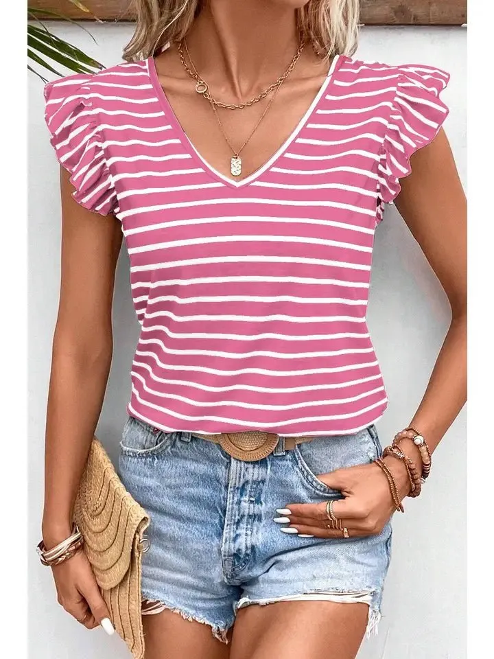 Women Stripe V Neck Knot Hollowed Back Top