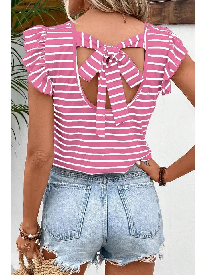 Women Stripe V Neck Knot Hollowed Back Top