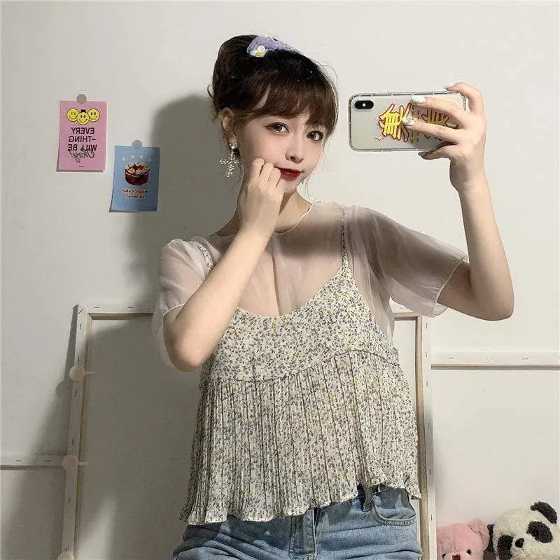 Women's Cute False Two Pieces Chiffon Tops